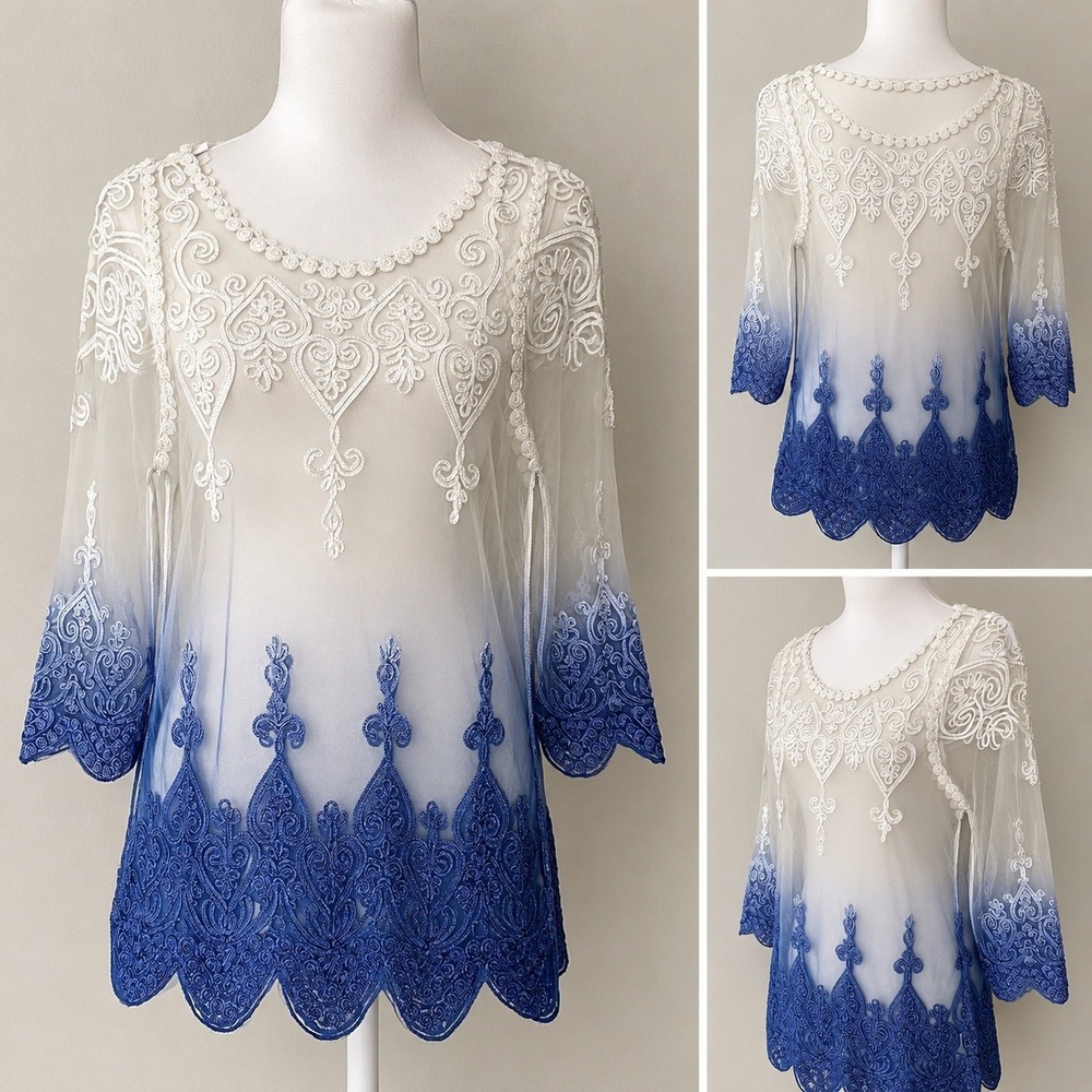 Simply Couture Womens M Blue Ivory Ombre Sheer Mesh Fairycore Embroidered Tunic